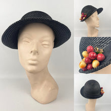 Load image into Gallery viewer, Original 1930s Black Straw Cloche Hat with Charming Cherry Trim