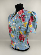 Load image into Gallery viewer, 1940's Reproduction Pretty Floral Print Blouse - Blue with Pink, Yellow and White Flowers - Bust 34
