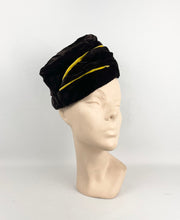 Load image into Gallery viewer, Original 1940s Dark Brown Velvet Topper Hat with Mustard Velvet Trim
