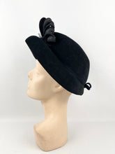 Load image into Gallery viewer, Original 1940s Inky Black Fur Felt Hat with Rosette Trim and Net Detail