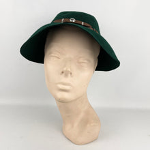 Load image into Gallery viewer, Original 1930's or 1940's French Forest Green Felt Hat with Leather Trim and Buckles