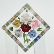 Load image into Gallery viewer, Original 1940s 1950s Reverse Carved Diamond Shaped Lucite Brooch with Cluster of Six Flowers