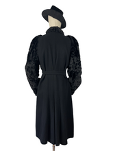 Load image into Gallery viewer, RESERVED FOR SAM Incredible Original 1930s Black Belted Wool Coat with Faux Fur Sleeves - Bust 34 35 36