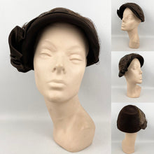 Load image into Gallery viewer, RESERVED Original 1930's Dark Brown Close Fitting Felt Hat with Feathers, Net and Ribbon Trim