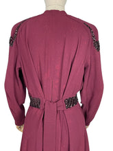 Load image into Gallery viewer, Original 1940's Burgundy Satin Backed Crepe Sequined Evening Dress with Tie Belt by Crompton Perry - Bust 38 40 42
