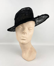 Load image into Gallery viewer, Original 1940s Black Lace Hat with Wire Frame and Bow Trim