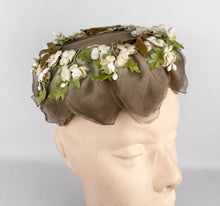Load image into Gallery viewer, Original 1950's Petal Hat in Brown with Cream Flowers and Velvet Bow Trim