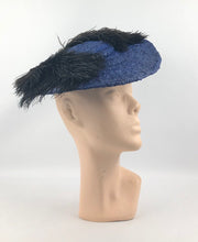 Load image into Gallery viewer, 1940s Royal Blue Straw Hat with Black Ostrich Feather Trim