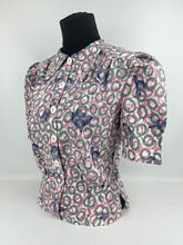 Load image into Gallery viewer, 1940's Reproduction Novelty Print Blouse with Clocks and Clock Hands with White Buttons Made From an Original 1940's Feed Sack - Bust 34"