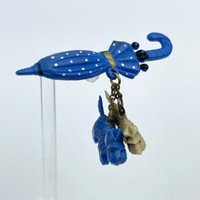 Load image into Gallery viewer, Original 1940's Brooch Featuring a Pair of Scottie Dogs Hanging From a Blue and White Polka Dot Umbrella
