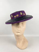 Load image into Gallery viewer, Original 1940's Indigo Blue Lacquered Straw Hat with Purple Trim and Applique Dogs