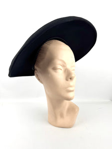 Original 1940's 1950's Inky Black Fabric Platter Hat with Loop Trim