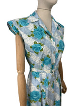 Load image into Gallery viewer, Original 1950&#39;s Stripe Floral Cotton Sleeveless Belted Day Dress in Blue and White with Bold Blue Roses - Bust 36 37
