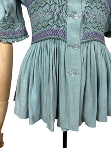 Stunning Original 1930's Blue Cotton Blouse with Heavy Smocking Detail - Bust 36 38