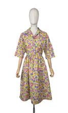 Load image into Gallery viewer, Original 1950’s Volup Vibrant Floral Day Dress in Orange, Purple, Yellow and Green on White - Bust 44
