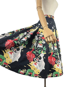 Original 1950's Black, Green and Red Novelty Print Spanish Flamenco Skirt - Waist 29 *