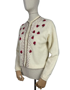 Original 1950's Season's Fashions Wool Cardigan with Pretty Floral Embroidery and Faux Pearl Buttons - Bust 38