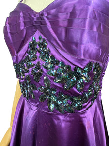 Original 1950's Purple Satin Evening Dress with Beautiful Sequin Detail - Bust 40 *