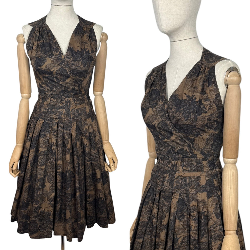 Original 1950's Petite Fit Black and Brown Floral Print Sleeveless Day Dress - Bust 32 34