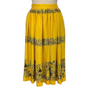 Original 1950's Yellow, Turquoise and Black Novelty Print Skirt - Waist 28"