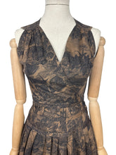 Load image into Gallery viewer, Original 1950&#39;s Petite Fit Black and Brown Floral Print Sleeveless Day Dress - Bust 32 34
