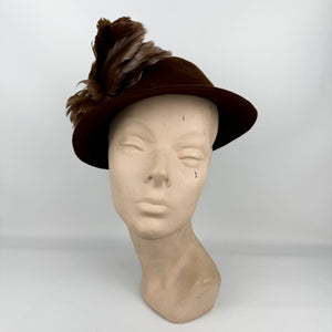 Vintage Warm Brown Felt Hat with Rounded Crown and Large Feather Trim