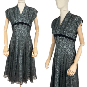 Original 1950's Ice Blue and Black Lace Cocktail Dress with Velvet Ribbon Trim - Bust 36 *