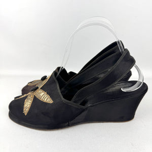 Wounded but Wearable Original 1940's Black Satin Evening Wedge Shoes with Gold Floral Applique Trim - Size 5 5.5