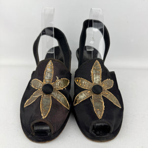 Wounded but Wearable Original 1940's Black Satin Evening Wedge Shoes with Gold Floral Applique Trim - Size 5 5.5