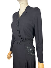 Load image into Gallery viewer, Original 1940's Classic Black Crepe Belted Day Dress with Beaded Pocket Detail - Bust 35 36
