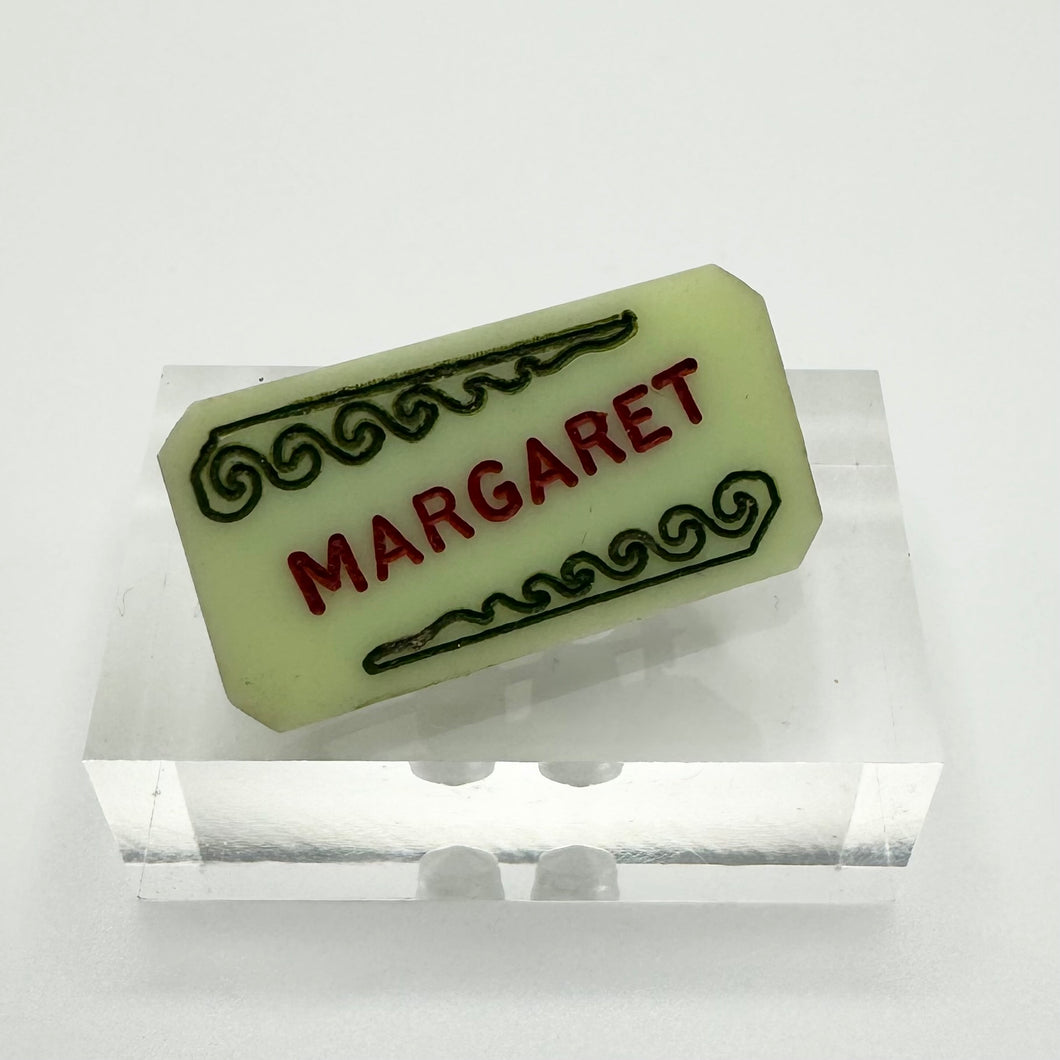 Original 1940's Green and Red Plastic Name Brooch for Margaret