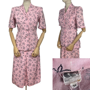 Original 1940's CC41 Pink, Black and White Moygashel Linen Suit - Bust 34