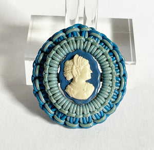 Original 1940's Make Do and Mend "Telephone Wire" Cameo Brooch in Blue and White