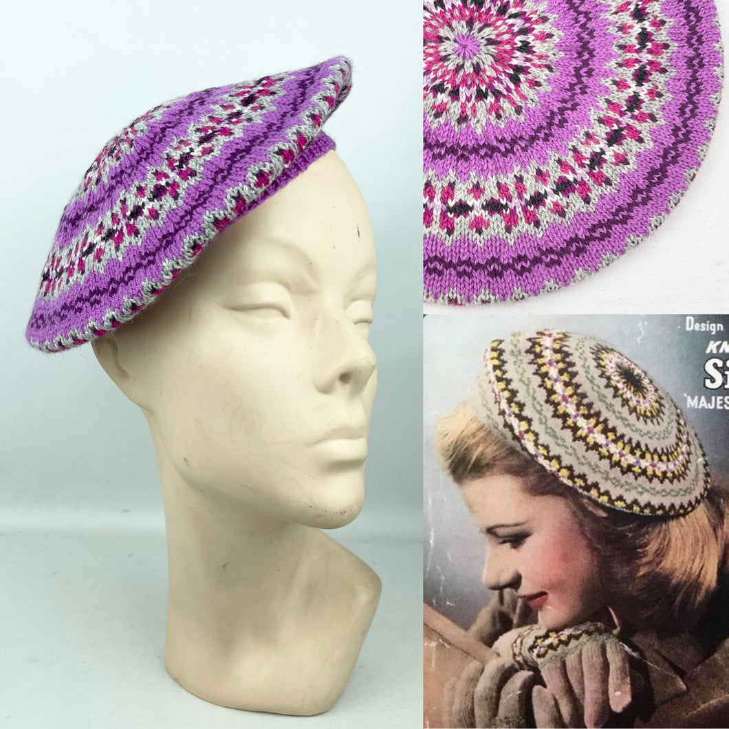 Reproduction 1940's Pure Wool Fair Isle Beret in Pink and Grey - Wonderful Design Featuring Seven Different Colours *