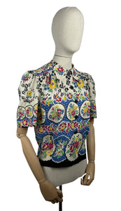 Reproduction 1940's Cotton Boarder Print Blouse in Bold Floral in Black, Green, Blue, Pink, Black and Yellow - Bust 34