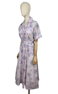 Original 1950's Purple Nylon Belted Day Dress with Pink and Green Bold Floral Print - Bust 36 38