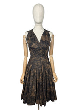 Load image into Gallery viewer, Original 1950&#39;s Petite Fit Black and Brown Floral Print Sleeveless Day Dress - Bust 32 34
