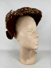Load image into Gallery viewer, Original 1940's Brown Felt Bonnet Hat with Bird and Pheasant Feather Trim *
