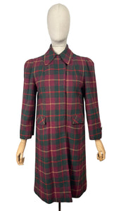 Original 1940's American Made Wool Plaid Coat in Burgundy, Green and Old Gold - Satin Lined - Bust 34 36