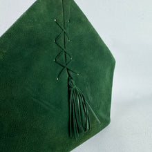 Load image into Gallery viewer, Stunning Original 1930's Forest Green Suede and Leather Five Sided Bag with Tassel Detail and Gold Clasp
