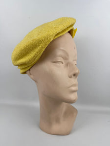 Original 1950's 1960's Bright Yellow Textured Fabric Hat with Button and Grosgrain Trim by Finley New York
