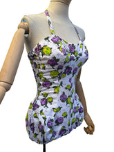 Load image into Gallery viewer, Original 1950’s Textured Cotton Swimsuit with Roses Print in Yellow and Purple - Bust 32 34
