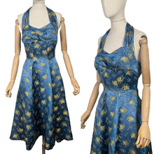 Load image into Gallery viewer, Original 1950&#39;s Blue and Gold Halterneck Cocktail Dress - Bust 36 37 *
