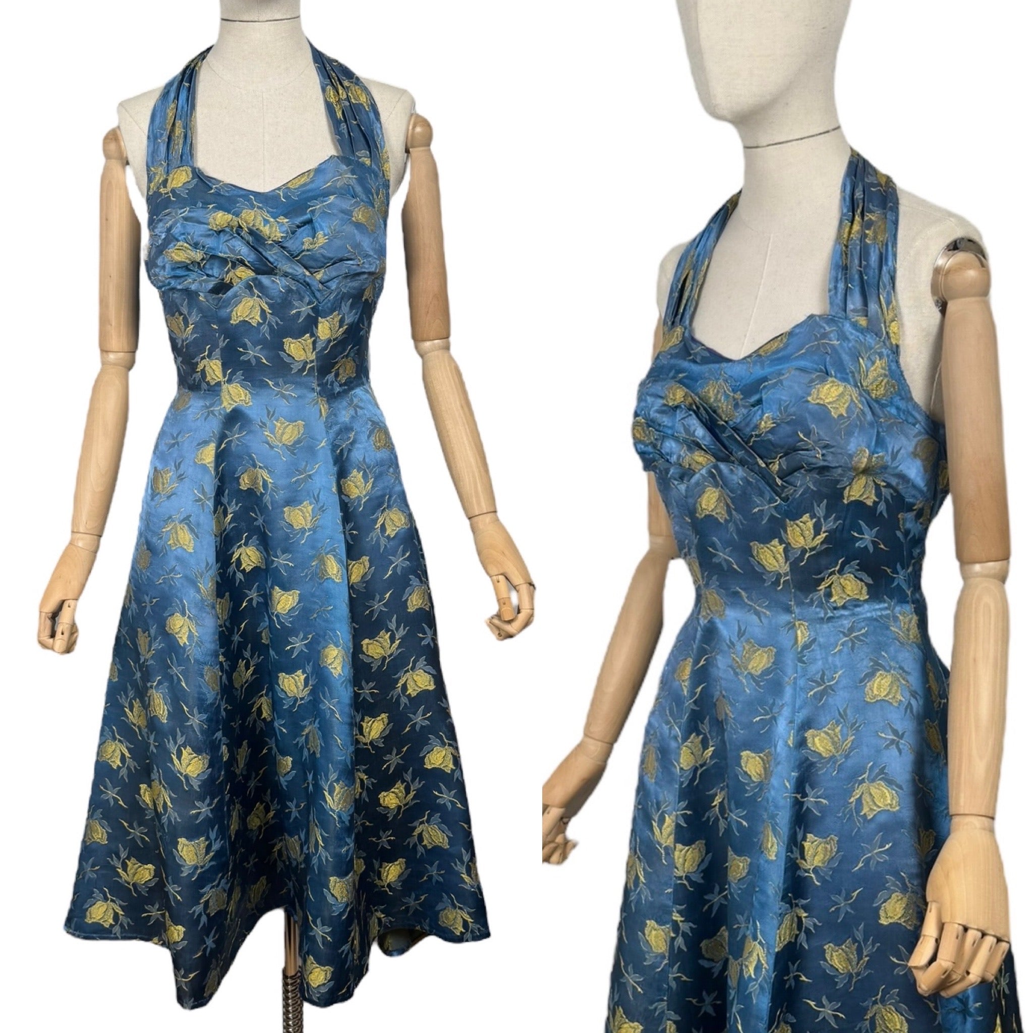 Original 1950's Blue and Gold Halterneck Cocktail Dress