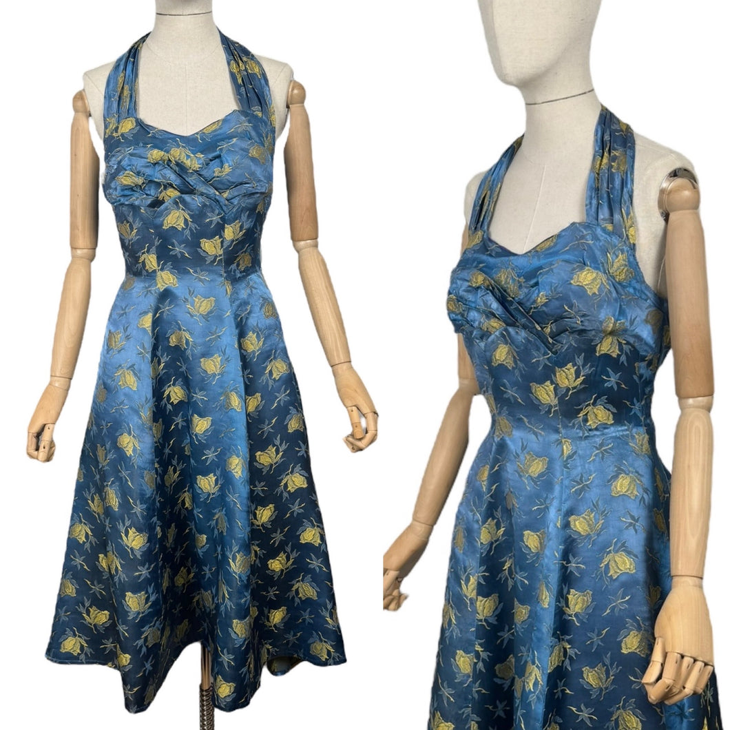 Original 1950's Blue and Gold Halterneck Cocktail Dress - Bust 36 37 *