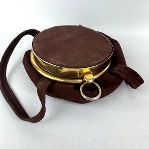 Original 1940's Chocolate Brown Suede Bag with Gold-tone Frame and Clasp
