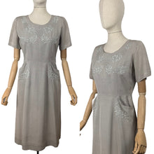 Load image into Gallery viewer, Original 1950's Dove Grey Grosgrain Wiggle Dress with Grape Vine Decoration in Silk and Trapunto Quilting - Bust 38 *
