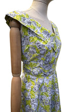 Load image into Gallery viewer, 1950's Style Cotton Day Dress in Chartreuse Green, Black and White Floral Print - Bust 37
