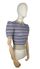 Load image into Gallery viewer, Reproduction 1940&#39;s Waffle Stripe Jumper with Bow Neck in Beige, Purple, Blue, Pink and Grey - Knitted from a Wartime Pattern - Bust 34 36
