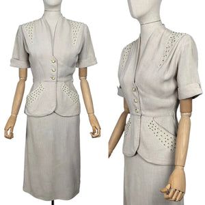 Original 1940's or 1950's Moygashel Linen Summer Suit with Beading and Soutache - Bust 34 35 *